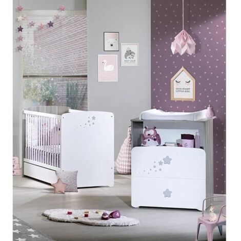Chambre bébé complète 120x60 – Commode à langer – Décor étoile en chêne silex et blanc – Collection mixte féérique – Baby Price