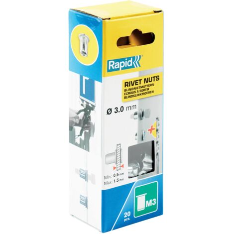 RAPID - M3 - Ecrous à sertir pour vis Ø3mm, fixation métalique solide - Blister 20 + forêt - (5000670)