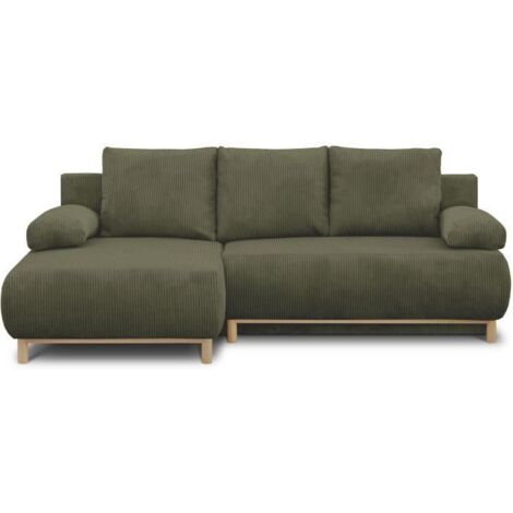 Canapé d'angle gauche convertible - 3 places - MIKA - Tissu velours côtelé vert kaki - Coffre de rangement - 192 x 84 x 93 cm (1/5)