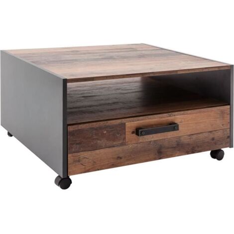 Table basse carré a roulette - Panneaux de particules - Décor bois vieilli et gris - Double plateau -1 Tiroir - L70 x P70 x H40 cm (1/5)