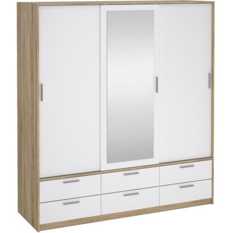 Armoire dressing décor blanc et chêne – 3 portes coulissantes avec miroir – 6 tiroirs – L181,4 x P60,25 x H200 cm – 1000Brico (1/5)