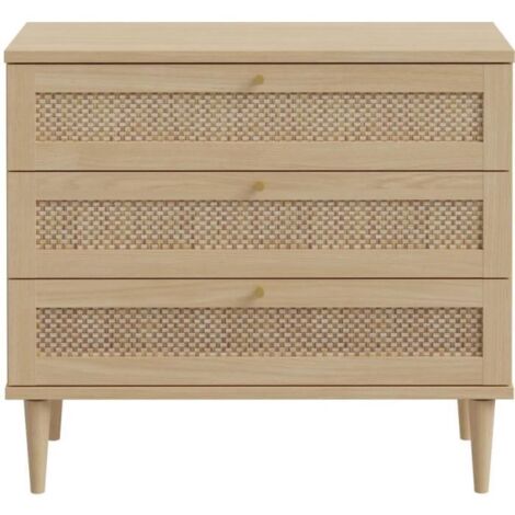 Commode - 3 tiroirs - Décor Chêne- Cannage - L90,4 x P41,4 x H80 cm - CALASETTA (1/5)