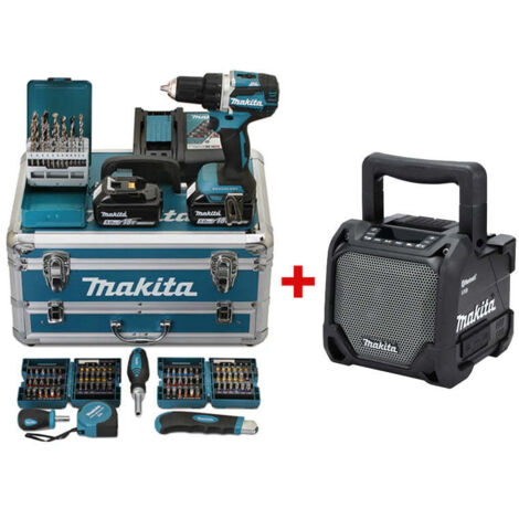Makita – Perceuse visseuse 18V Li-Ion 5Ah – Moteur Brushless – Couple 54Nm – Accessoires inclus : 2 batteries, chargeur, mallette – Enceinte DMR202B (1/4)