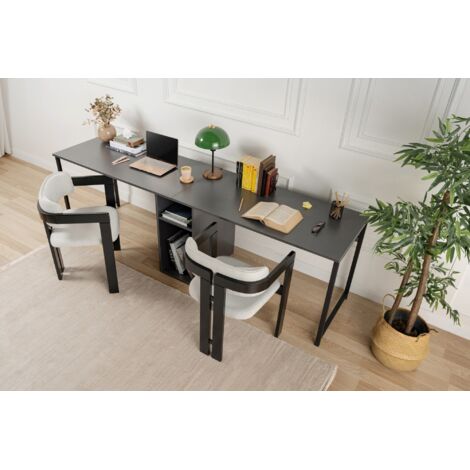 Cotecosy – Bureau droit 2 places en aggloméré mélaminé – Longueur 240 cm – Largeur 60 cm – Hauteur 74 cm – Pieds métal – Étagère centrale pratique (1/10)