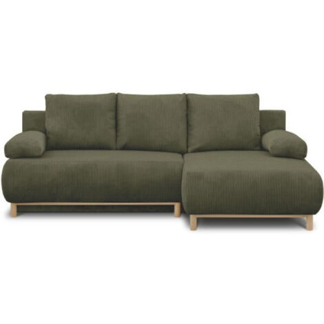 Canapé d'angle droit convertible - 3 places - MIKA - Tissu velours côtelé vert kaki - Coffre de rangement - 192 x 84 x 93 cm (1/5)