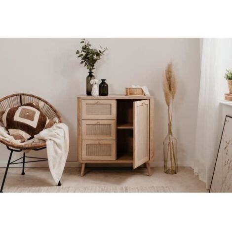 Commode - 3 tiroirs - 1 porte - Décor Cannage - L80,9 x H84 x P40 cm (1/5)