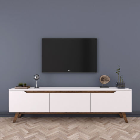Cotecosy – Meuble TV moderne blanc et noyer – 180 x 48,6 x 35 cm – Panneaux mélaminés 18 mm – Grand espace de rangement (1/10)