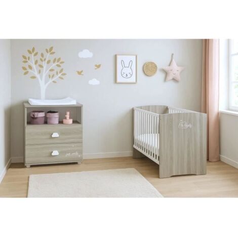 Chambre bébé complete - Lit 120x60 et commode a langer - BABY PRICE - SMILE - Chene silex
