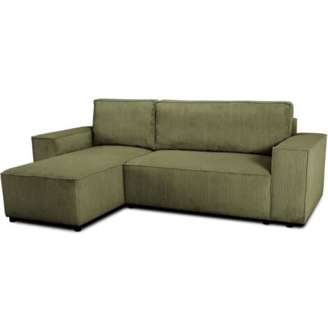 Canapé d'angle convertible réversible - 4 places - JOSH - Tissu velours cotelé - Kaki - Coffre - 242 x 155 x 86 cm (1/5)