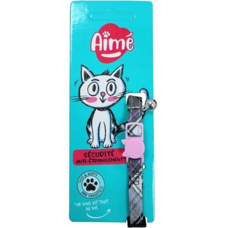 Collier pour chat - AIME - Tartan rose - Jean bleu, fleur caramel, grelot doré (1/4)