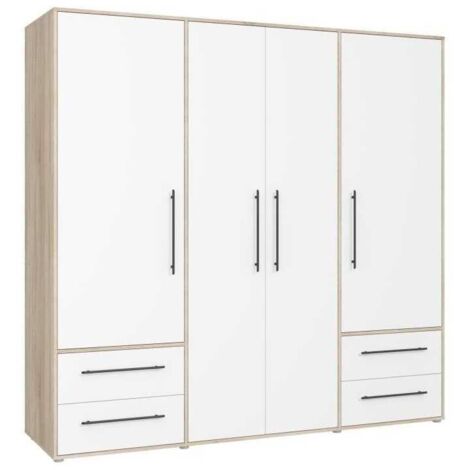 Armoire de chambre - MOKKARIS - Chene Sonoma / Blanc mat - 4 portes - 205,9 x 58,8 x 200,1 cm