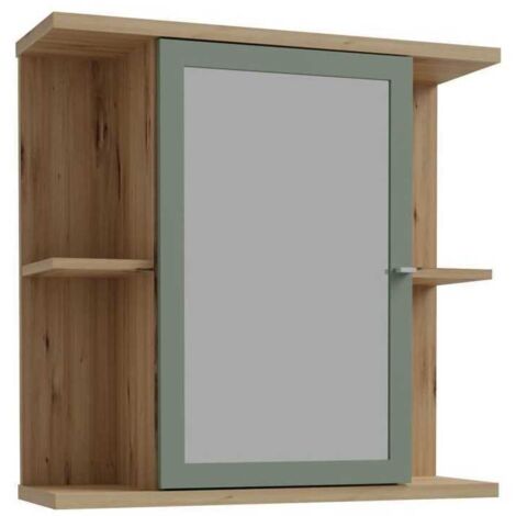 Armoire de toilette - Décor chene et vert sauge - Porte- Miroir - Etageres - L69,9 x P23,2 x H68,8 cm (1/5)