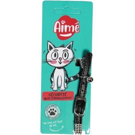 Collier pour chat - AIME - Ajustable 18-28 cm - Nylon avec grelot en argent - Noir strass (1/4)