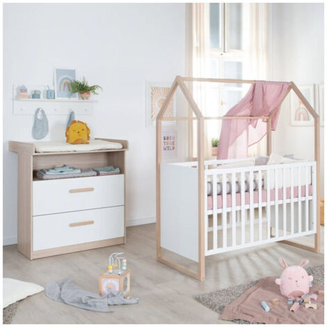 Chambre bébé duo : Lit 60 x 120 cm + commode a langer évolutive - CABANE - ROBA - Chene / Blanc