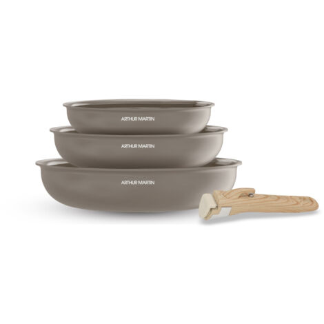 Set de 3 poêles Arthur Martin AM4587 poignée amovible taupe effet bois antiadhésif 20/24/28 cm