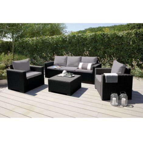 Allibert – Salon de jardin modulable 5 places en résine plastique imitation rotin gris – Canapé 3 places et 2 fauteuils – Coussins en polyester inclus