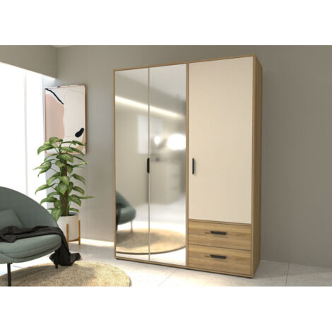 Armoire 3 portes MOKKARO AUCUNE Chêne artisan & Cachemire L144,4 x P52,7 x H200,1 cm 2 miroirs 2 tiroirs (1/5)