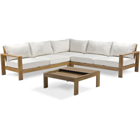 Dcb Garden – Salon de jardin d'angle aluminium effet bois 5 places – Table carrée HPL amovible – Coussins déhoussables – Confort optimal (1/5)
