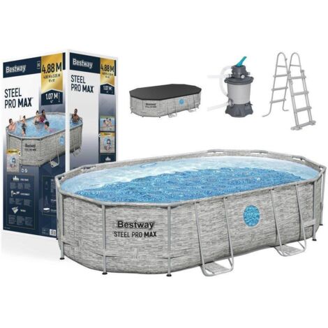 Bestway – Piscine hors sol tubulaire ovale 488 x 305 x 107 cm – Acier galvanisé – Filtration à sable – Échelle et bâche incluses (1/3)