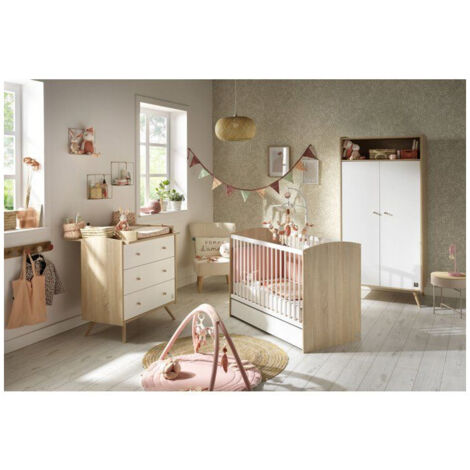 Pack chambre bébé SAUTHON Access Blanc Bois - Lit 120 x 60 cm + Commode 3 tiroirs + Armoire 2 portes