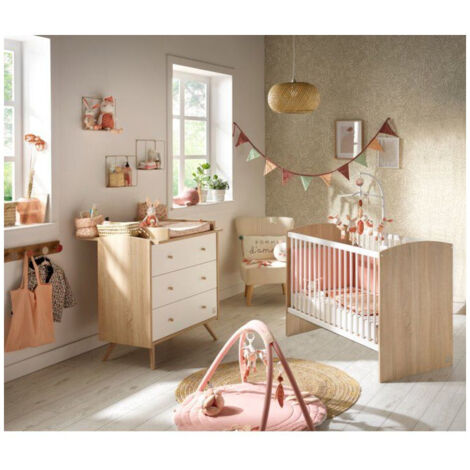 Chambre bébé duo - Lit 120 x 60 cm + Commode 3 tiroirs - Access - Bois chene doré/Blanc - SAUTHON