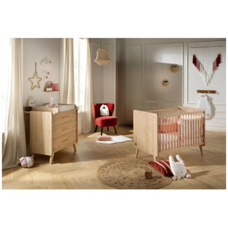 Ensemble lit bébé 120x60 SAUTHON Arty + commode 3 tiroirs Chêne Suave