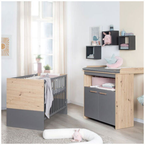 Ensemble chambre bébé transformable ROBA ANNA Duo - Lit 60x120 cm + Commode à langer évolutive Anthracite/Chêne