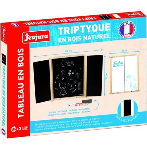 Tableau triptyque mural en bois naturel – Ardoise centrale pour craie et feutre – Dimensions 82x56 cm – Accessoires inclus – Jeujura (1/5)
