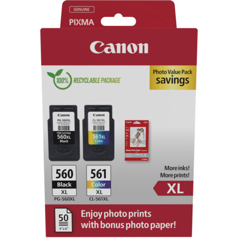 Pack de 2 cartouches d'encre + pack papiers photo - CANON - PG-560XL Noir + CL-561XL Couleur