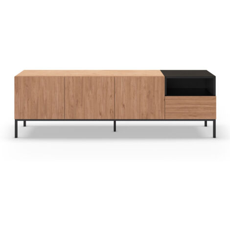 Meuble TV CAILIN – Coloris chene artisan & noir – 3 portes et 1 niche + 1 tablette fixe – 180 x 40 x 55 cm (1/5)