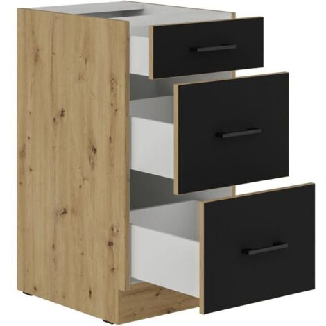 Meuble bas casserolier 3 tiroirs – Dimensions 40 x 52 x 82 cm – Finition chêne artisan et noir mat – Structure robuste en panneaux mélaminés – 1000Brico (1/4)