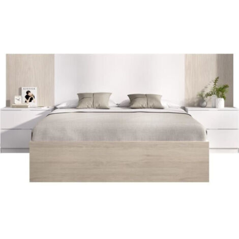 Ensemble structure de lit + tete de lit et 2 tables de nuit avec 2 tiroirs - LOMA - 160 x 200 cm - Chene naturel / Blanc (1/5)