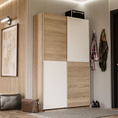 Armoire 2 portes coulissantes – Blanc et chêne clair – L 120 x P 41,6 x H 190,5 cm – 6 étagères intérieures – Capacité 15 kg par étagère