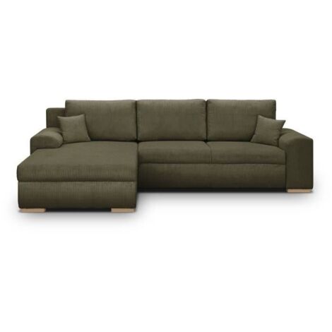 Canapé d'angle convertible 5 places – Tissu velours côtelé 100% polyester – Coffre de rangement – Grand couchage 140 x 220 cm – Style contemporain vert kaki (1/5)