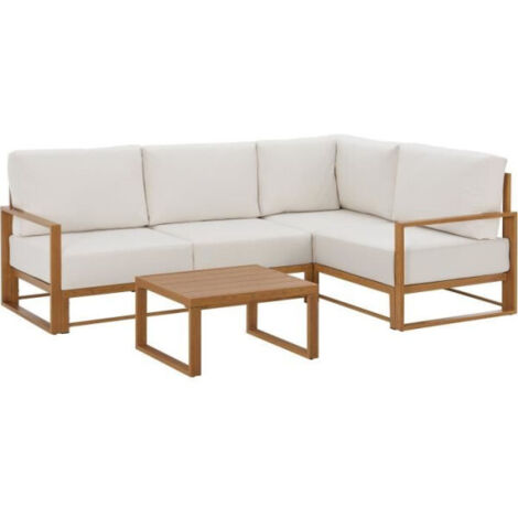 Salon de jardin canapé d'angle 5 places – Aluminium effet bois – Coussins écru – Table basse 90x57x35cm – Accoudoirs confort 50x20mm – 1000Brico (1/5)