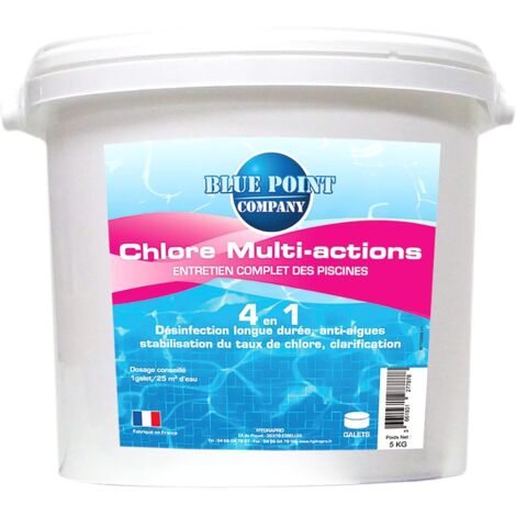 Chlore 4 en 1 multi actions 5 kg – Galets de 250 g – Désinfectant chloré pour piscine – Longue durée, anti-algues, stabilisant chlore – Blue Point Company (1/5)