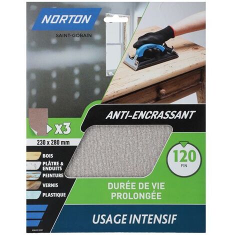 Norton – Feuilles abrasives anti-encrassantes 230x280mm grain 120 – Pour ponçage intensif bois dur – Lot de 10 unités
