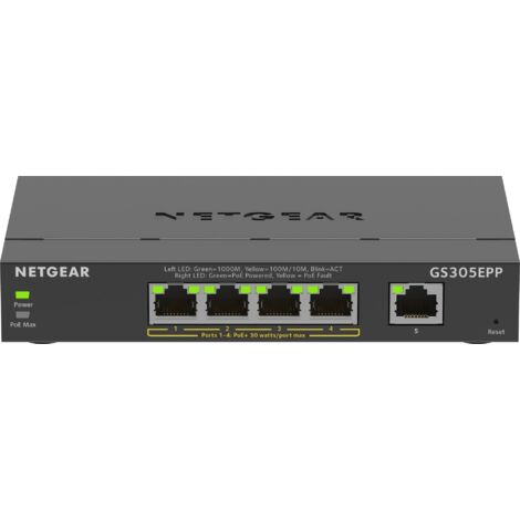 NETGEAR 5-Port Gigabit Ethernet High-Power PoE+ Plus Switch (GS305EPP) Géré L2/L3 Gigabit Ethernet (10/100/1000) Connexion Ethernet, supportant l'alimentation via ce port (PoE) Noir (1/5)