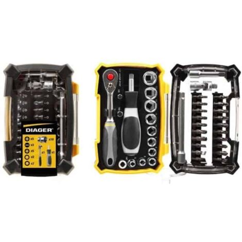Diager – Coffret 38 embouts et douilles 1/4" pour visseuse – 5 embouts cruciformes, 3 plats, 5 pozidriv, 2 allen, 7 torx, 10 douilles – 6000A (1/4)