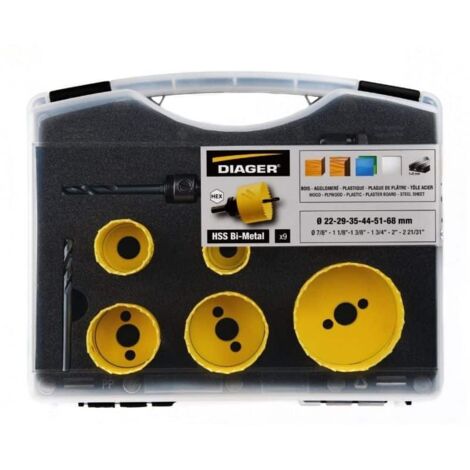 Diager – Mallette de 9 scies cloche bimétal Ø22-29-35-44-51-68 mm – Pour acier inoxydable et bois dur – Foret centreur inclus – 651C