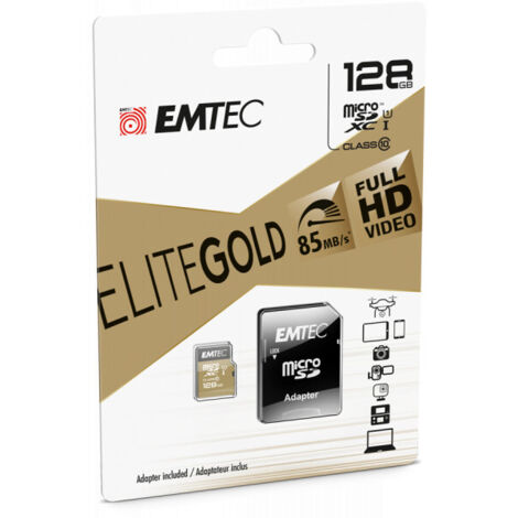 MicroSDXC 256Go EMTEC +adaptateur CL10 EliteGold UHS-I 85MB/s Sous blister (ECMSDM256GXC10GP) (1/2)