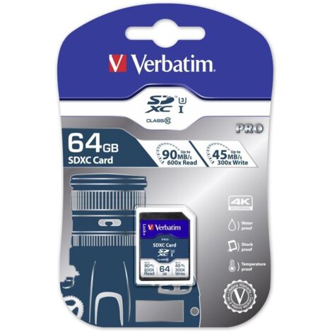 Verbatim Pro - 64 Go - SDXC - Classe 10 - UHS - 90 Mo/s - 45 Mo/s (47022)