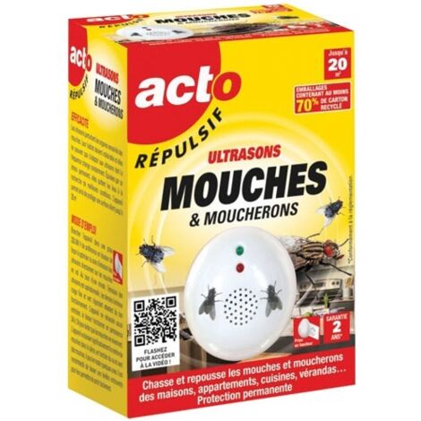 Répulsif ultrasons pour mouches et moucherons – Portée 40m² – Fréquence > 20kHz – Alimentation 220V – Installation fixe – Acto