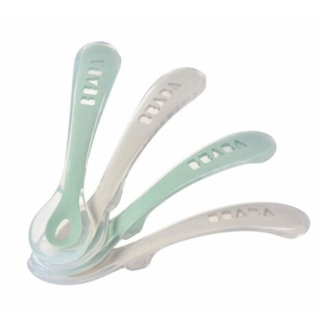 Couverts Béaba Lot de 4 cuillères silicone 2ème âge 130 mm Velours gris & Vert sauge (1/4)
