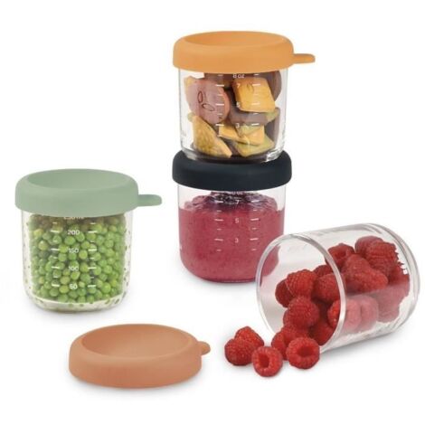 BEABA Sunrise Color Mix - Lot de 4 pots alimentaires en verre 250 ml - Couvercles hermétiques souples (1/5)