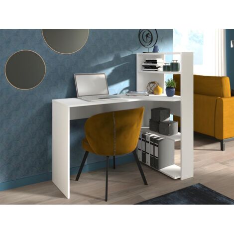 Les Tendances – Bureau d'angle blanc avec étagère de rangement L121 cm – Panneaux de particules décor blanc – Design minimaliste pour optimiser l'espace de travail (1/5)