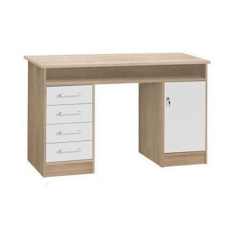 Bureau droit contemporain en chêne et blanc – Dimensions L 126 x P 55 x H 76 cm – 1 porte et 4 tiroirs – Fabrication européenne (1/6)