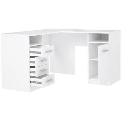 TOLEDE Bureau d'angle 1 porte 4 tiroirs - Décor papier blanc - L