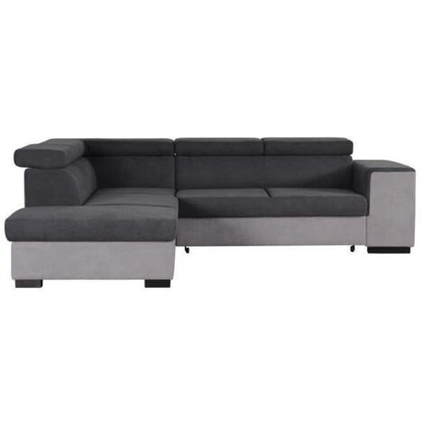 Les Tendances – Canapé d'angle gauche convertible 5 places – Tissu gris clair et foncé – Dimensions L 271 x P 220 x H 77 cm – Coffre de rangement (1/8)