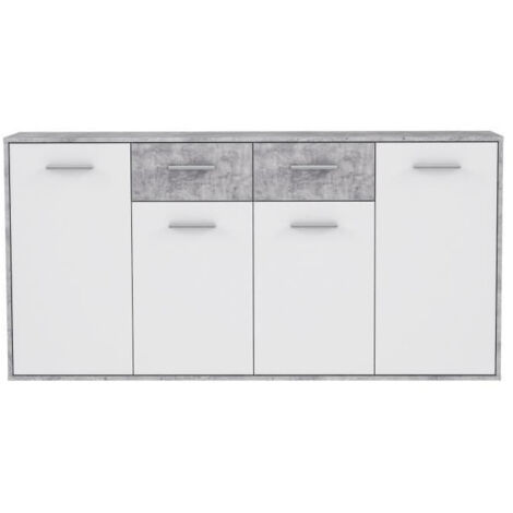 PILVI Buffet bas 4 portes 4 tiroirs - Blanc et beton gris clair - L 162,3 x P 34,2 x H 88,1 cm